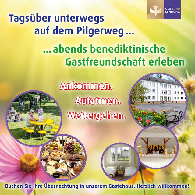 © Geist und Sendung e.V. Illustration mit Collage von Bildern aus der Gemeinschaft Geist und Sendung. Tagsüber unterwegs auf dem Pilgerweg - abends benediktinische Gastfreundschaft erleben
