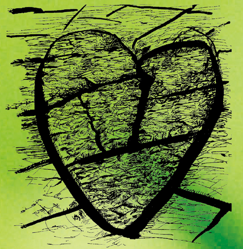 Kohlezeichnung Herz mit Riefen und Narben vor grünem Hintergrund